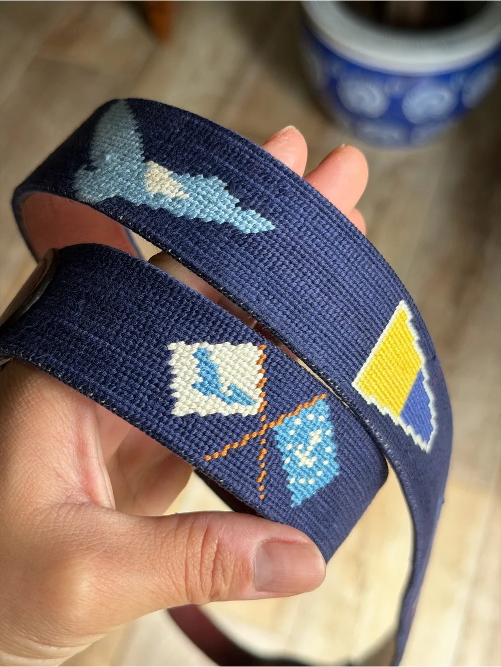 Navy Embroidered Needlepoint Men's Belt with Leather Trim